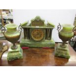 CLOCK GARNITURE, green onyx 3 piece clock garniture, open brocot escapement with temple design clock