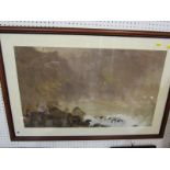 J. M. NICHOLSON, signed watercolour, dated 1874 and 1887 "Stormy Waves at base of Cliff", 18" x 29"