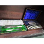 CUTLERY, cased mother-of-pearl handled fish servers and similar cased set of 6 pairs of mother-of-