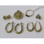 GOLD & YELLOW METAL JEWELLERY, 9ct gold circular locket, 9ct gold stone set ring size M, 2 pairs