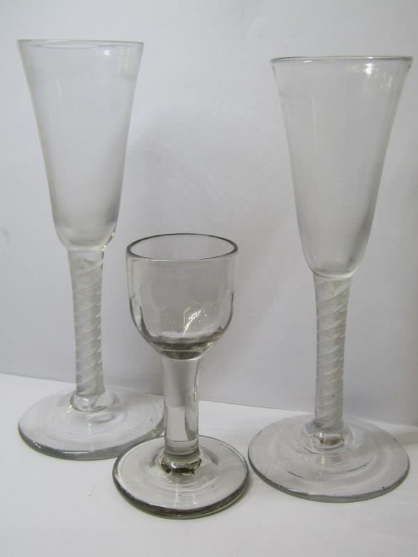 ANTIQUE GLASSWARE, pair of Georgian double series cotton twist stem, ale glasses on conical feet, 7" - Image 2 of 2