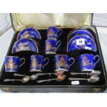 GEORGE JONES, cased set of 6 lustre "Chinoiserie" coffee cans, saucers and silver spoons