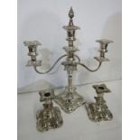 SILVERPLATE, twin branch foliate square base, 16" candelabra and pair of matching dwarf candlesticks