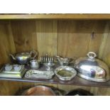 SILVERPLATE, plated meat dome, twin ink well standish, decanter coaster and other plated ware