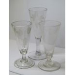 ANTIQUE GLASSWARE, three Georgian conical bowl ale glasses engraved with Hops & Barley, 1 with