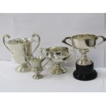 SILVER TROPHY CUPS, 4 assorted silver trophy cups, largest with twin serpent handles, London HM