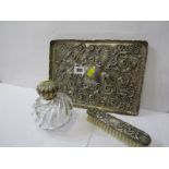 ORNATE SILVER TRAY, silver pressed tray decorated parakeets and foliage in high relief, 11" width,