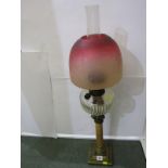 EDWARDIAN OIL LAMP, brass square base column support oil lamp with cut glass reservoir and