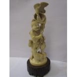 ANTIQUE IVORY CARVING, signed Japanese carved figure "The Fisherman", 12" height on carved wooden