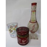 CONTINENTAL GLASSWARE, Bohemian ruby cased cylindrical lidded jar decorated with etched wild life