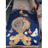 ORIENTAL EMBROIDERY, a blue ground silk and gold filigree embroidered panel of Cockerel resting on