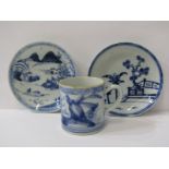 ORIENTAL CERAMICS, Chinese coffee can, also 2 underglaze blue oriental saucers, 1 with fenced garden