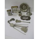 A SELECTION OF SILVER ITEMS, including silver book of common prayer, pin dish, paper holder, vesta