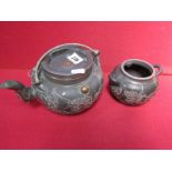 CHINESE METALWARE, pewter dragon relief decorated teapot and similar sugar bowl, with Shanghai