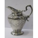 IRISH VICTORIAN MILK JUG, with engraved decoration, 6" height, marks worn possibly Dublin 1843,