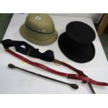 FASHION, pith helmet, collapsible opera hat by Flights Limited, also military sword belt and