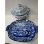 BLUE TRANSFERWARE, early 19th Century "Shepherd" pattern tureen underplate, 16" width; also "Italian