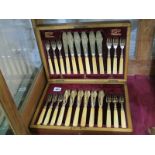 SILVER BLADED FISH CUTLERY, set of 12 silver bladed fish knives and 12 forks in fitted case,