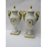 ALKA KUNST, pair of square base gilt swan neck handled lidded 14" vases