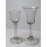 ANTIQUE GLASSWARE, 2 Georgian plain stem glasses, 1 with bell shaped bowl and 1 ogee cordial, both