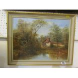 H. HARRIS, signed oil on canvas "Riverside Cottage with figure collecting water", 11.5" x 15"