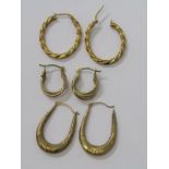 9ct YELLOW GOLD EARRINGS, selection of 3 pairs of 9ct yellow gold hoop and twisted hoop style