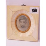 HILDA BOWYER, pencil portrait miniature "Michael Ahlstrom", in ivory piano key frame (exhibited