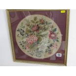 ANTIQUE NEEDLEWORK, circular embroidery panel, "Display of Flowers", 11.5" dia