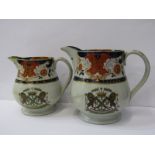 PLYMOUTH CREST IRONSTONE, 2 graduated milk jugs, with Plymouth crests, 7" and 6"