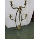 ART NOUVEAU, brass multi branch tripod base candelabra, 25" height