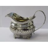 GEORGIAN SILVER CREAM JUG with half fluted decorated body on 4 paw feet, London 1817, 249 grams, 6.