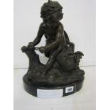 BRONZE, after Moreau, black marble base bronze "Young Boy with Chicken", 12" height