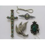 SILVER JEWELLERY, a selection of silver and white metal items including turquoise set sword style