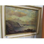 F.J. ELLIOTT, signed oil on board "Panoramic Coastal Scene with figures fishing", 30" x 17.5"