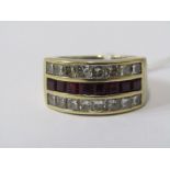 HEAVY 18ct YELLOW GOLD RUBY & DIAMOND 3 ROW ETERNITY STYLE RING, central row of French cut rubies