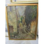 GAETAN HATTELART, signed oil on board "Continental Village Street", 18" x 14"