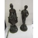 SPELTER FIGURES, pair of antique circular based spelter figures of rustic courting couple, 20"