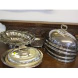 SILVERPLATE, pair of antique meat domes, 14" width, also Sheffield plate swing handled cake