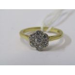18CT YELLOW GOLD DIAMOND DAISY CLUSTER RING, approx. 3.3grams in weight. Bright well matched