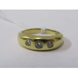 18ct YELLOW GOLD 3 STONE DIAMOND SIGNET RING/GYPSY RING, approx 7.2 grams in weight, size O/P, total
