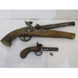 ANTIQUE FIREARMS, 19th Century percussion centre fire muff pistol (stock crudely replaced) also 19th