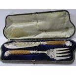 SILVER BLADED FISH SERVERS, silver fish serving set in case with horn handle and pistol grip
