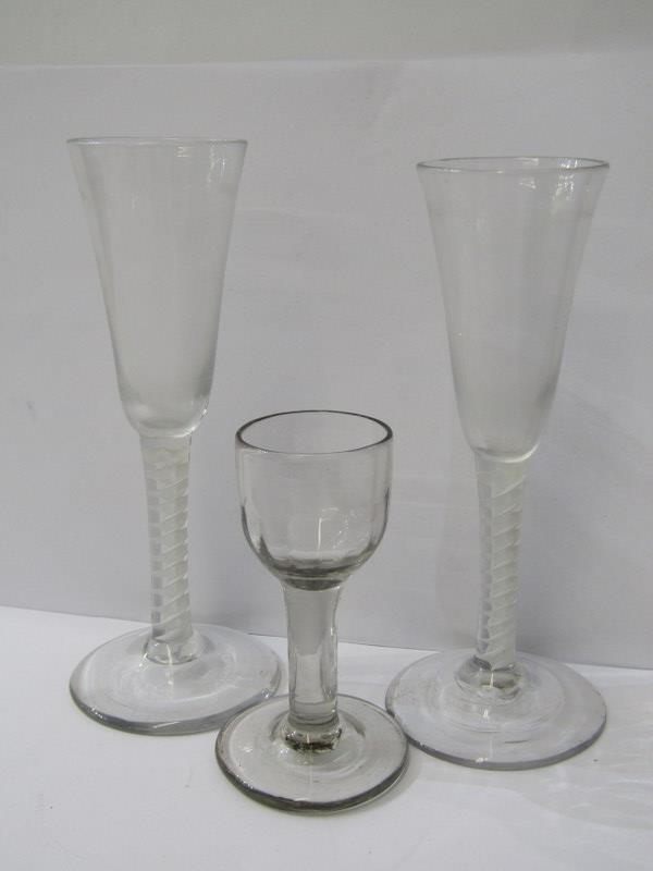 ANTIQUE GLASSWARE, pair of Georgian double series cotton twist stem, ale glasses on conical feet, 7"