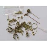 9ct GOLD ITEMS, a selection of 9ct gold and yellow metal items including earrings, necklaces,