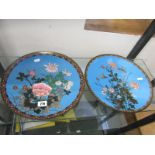 CLOISONNE, pair of Japanese blue ground blossom and butterfly circular 12" chargers, variations of