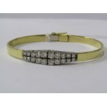 18ct YELLOW GOLD DIAMOND SET HINGED BANGLE, heavy 18ct yellow gold approx 31.1 grams, set with 20
