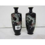 CLOISONNE, pair of Japanese deep blue ground Fabulous Dragon design 6" vases (1 a/f)