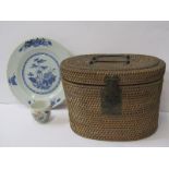 ORIENTAL CERAMICS, original wicker cased Canton tea pot with pair of cups and saucers and ladles and