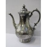 VICTORIAN SILVER COFFEE POT, decorated cartouches of flowers in relief, 11" height, London HM