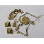 GOLD JEWELLERY, 9ct gold pendant on chain, 2 gold bracelets, also yellow metal earrings, studs